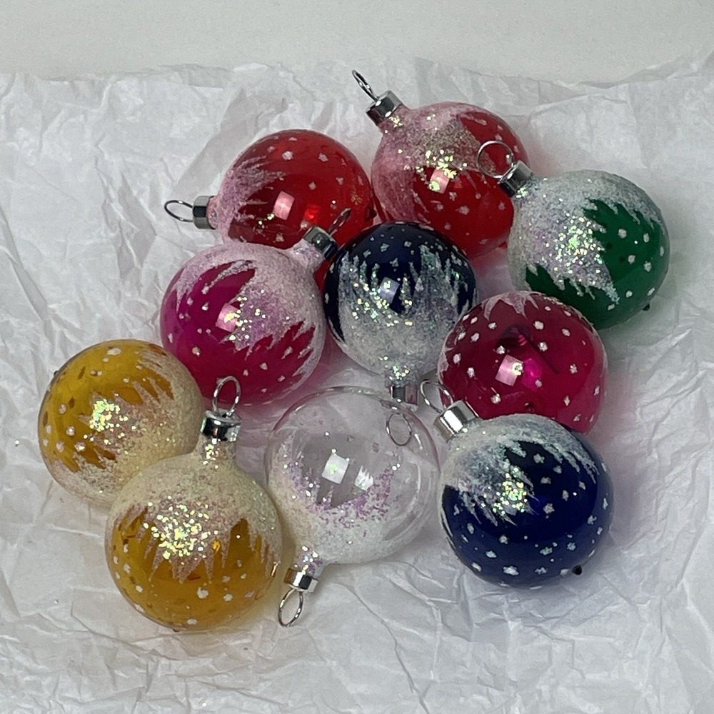 10 BRADFORD Snow Caps Vintage Glass Glitter Christmas Ornaments Mini Ball
